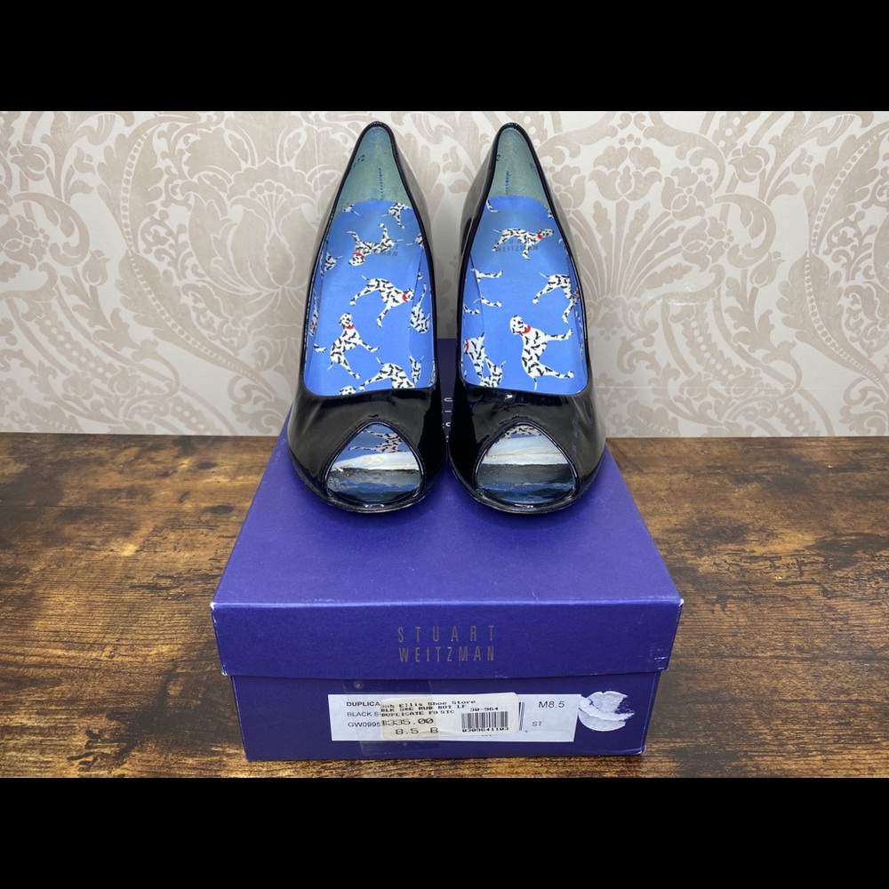Stuart Weitzman black patent wedge Dalmatian print